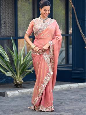 Traditional peach embroidery butti work moss shimmer saree with unstitched blouse 3