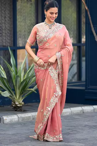 Traditional peach embroidery butti work moss shimmer saree with unstitched blouse
