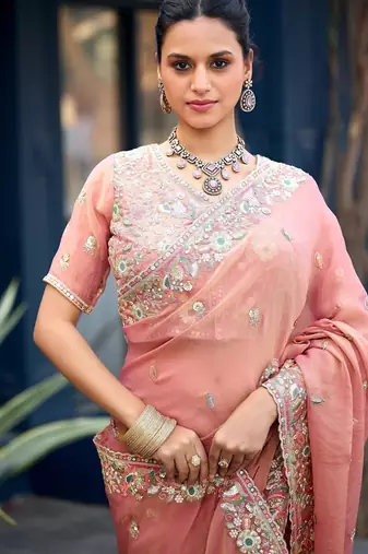 Traditional peach embroidery butti work moss shimmer saree with unstitched blouse