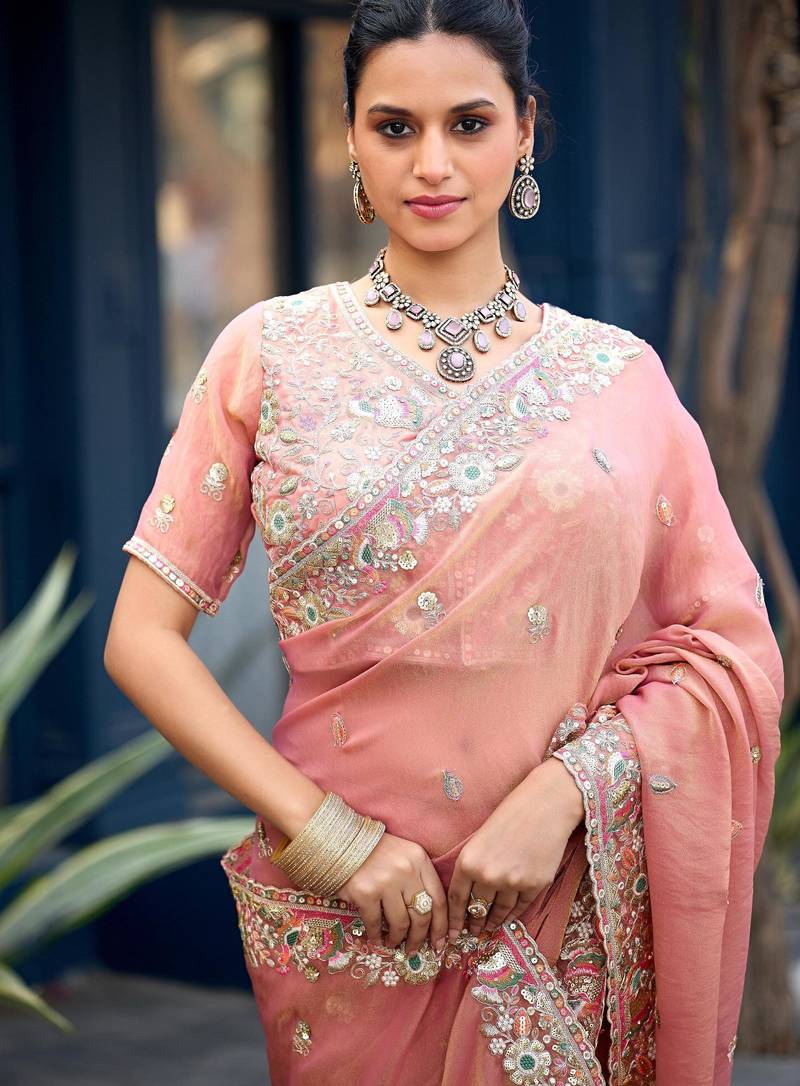 Traditional peach embroidery butti work moss shimmer saree with unstitched blouse