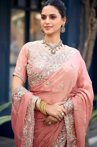 Traditional peach embroidery butti work moss shimmer saree with unstitched blouse