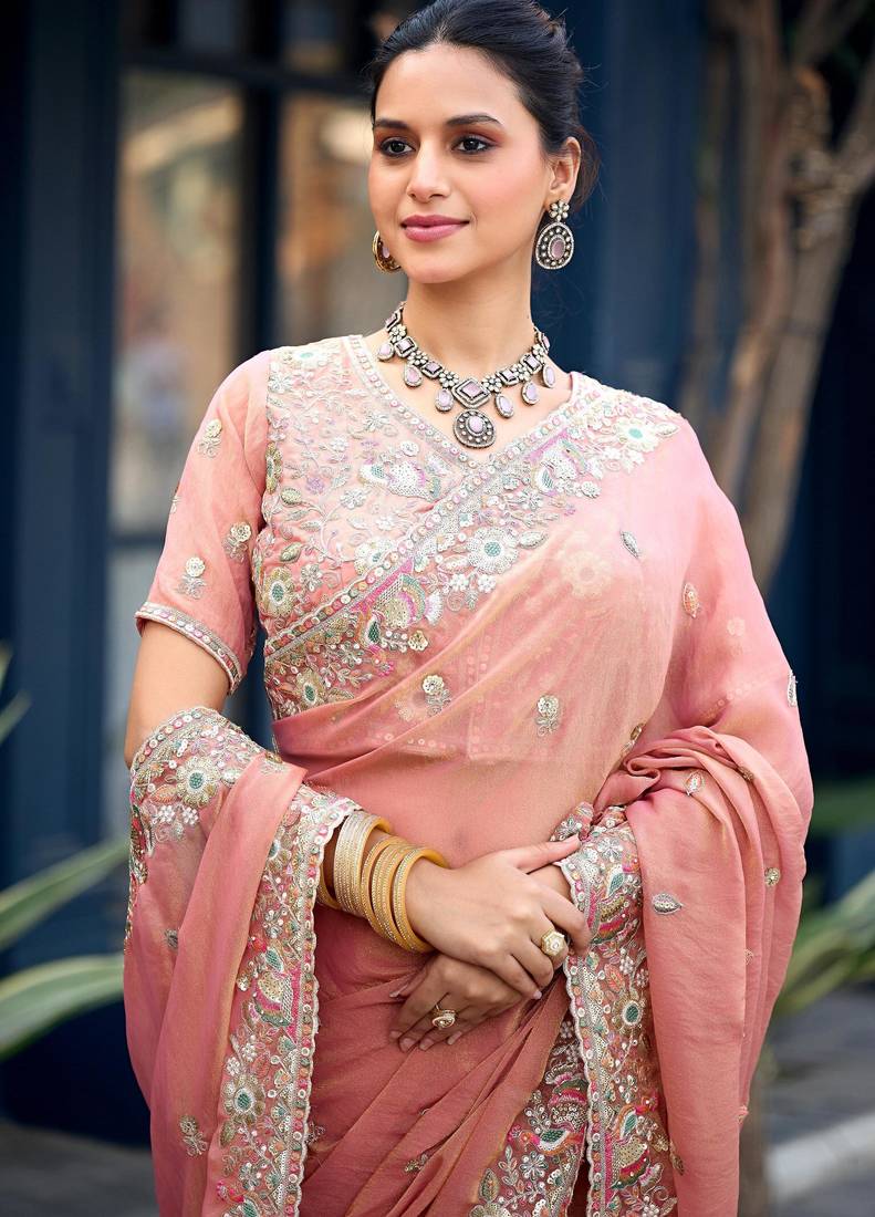 Traditional peach embroidery butti work moss shimmer saree with unstitched blouse