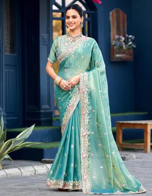 Indian teal green embroidery butti work moss shimmer saree with unstitched blouse 1