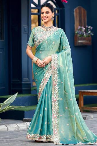 Indian teal green embroidery butti work moss shimmer saree with unstitched blouse
