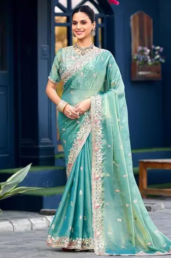Indian teal green embroidery butti work moss shimmer saree with unstitched blouse