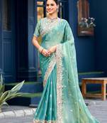 Indian teal green embroidery butti work moss shimmer saree with unstitched blouse
