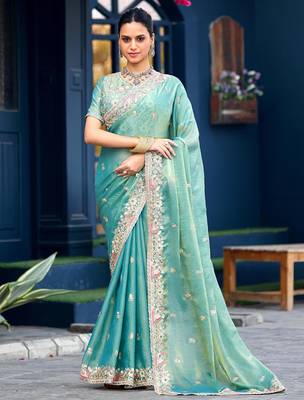 Indian teal green embroidery butti work moss shimmer saree with unstitched blouse 2