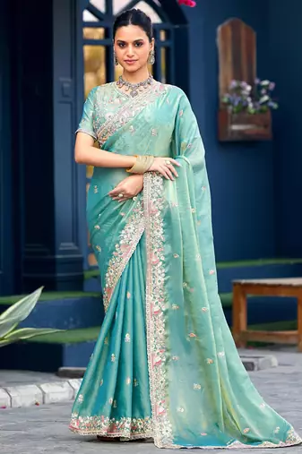 Indian teal green embroidery butti work moss shimmer saree with unstitched blouse