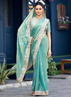 Indian teal green embroidery butti work moss shimmer saree with unstitched blouse 3