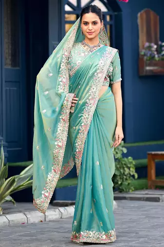 Indian teal green embroidery butti work moss shimmer saree with unstitched blouse