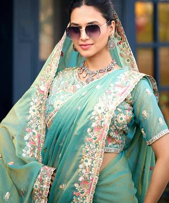 Indian teal green embroidery butti work moss shimmer saree with unstitched blouse 4