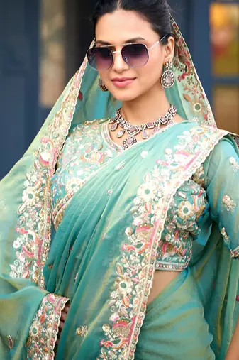 Indian teal green embroidery butti work moss shimmer saree with unstitched blouse