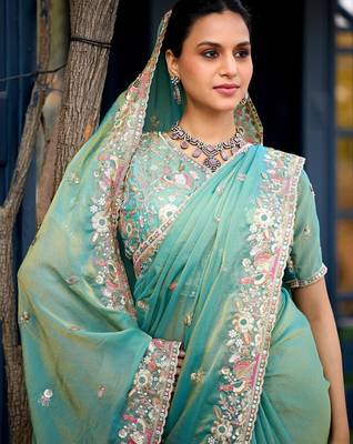 Indian teal green embroidery butti work moss shimmer saree with unstitched blouse 5