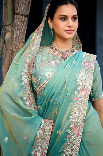 Indian teal green embroidery butti work moss shimmer saree with unstitched blouse