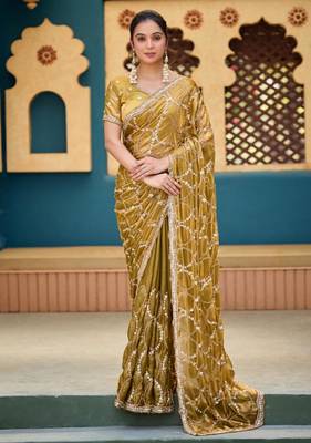Ethnic mustard yellow sequin cutdana jaal embroidery satin saree with unstitched blouse 1