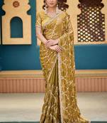 Ethnic mustard yellow sequin cutdana jaal embroidery satin saree with unstitched blouse