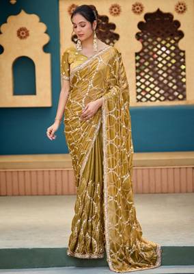 Ethnic mustard yellow sequin cutdana jaal embroidery satin saree with unstitched blouse 2