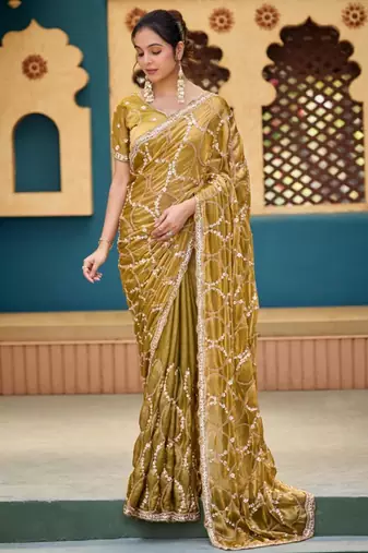 Ethnic mustard yellow sequin cutdana jaal embroidery satin saree with unstitched blouse