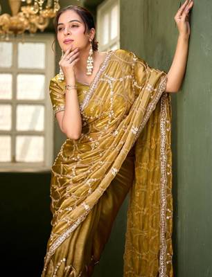 Ethnic mustard yellow sequin cutdana jaal embroidery satin saree with unstitched blouse 4