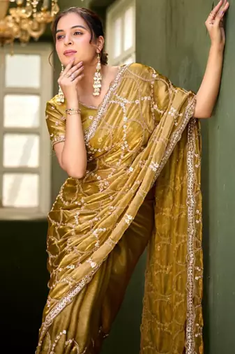 Ethnic mustard yellow sequin cutdana jaal embroidery satin saree with unstitched blouse
