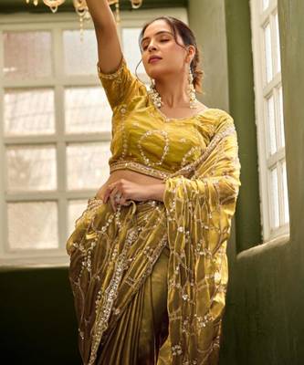 Ethnic mustard yellow sequin cutdana jaal embroidery satin saree with unstitched blouse 5