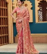 Trendy peach pink sequin cutdana jaal embroidery satin saree with unstitched blouse