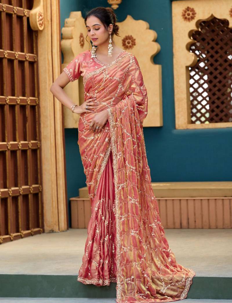 Trendy peach pink sequin cutdana jaal embroidery satin saree with unstitched blouse