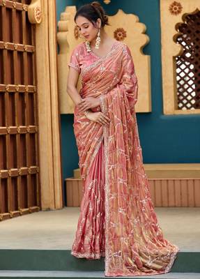 Trendy peach pink sequin cutdana jaal embroidery satin saree with unstitched blouse 2