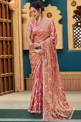 Trendy peach pink sequin cutdana jaal embroidery satin saree with unstitched blouse