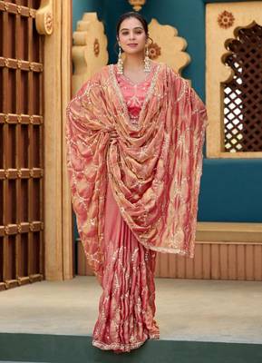 Trendy peach pink sequin cutdana jaal embroidery satin saree with unstitched blouse 3
