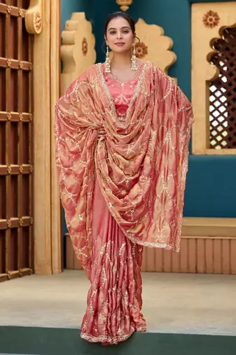 Trendy peach pink sequin cutdana jaal embroidery satin saree with unstitched blouse