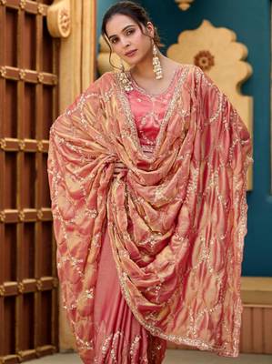 Trendy peach pink sequin cutdana jaal embroidery satin saree with unstitched blouse 4