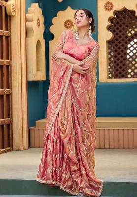 Trendy peach pink sequin cutdana jaal embroidery satin saree with unstitched blouse 5