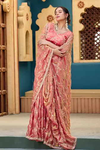 Trendy peach pink sequin cutdana jaal embroidery satin saree with unstitched blouse