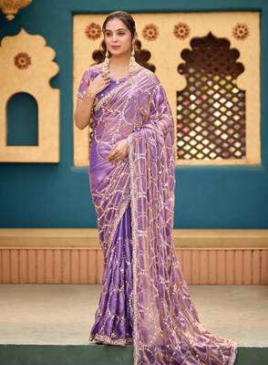 Traditional purple sequin cutdana jaal embroidery satin saree with unstitched blouse 1