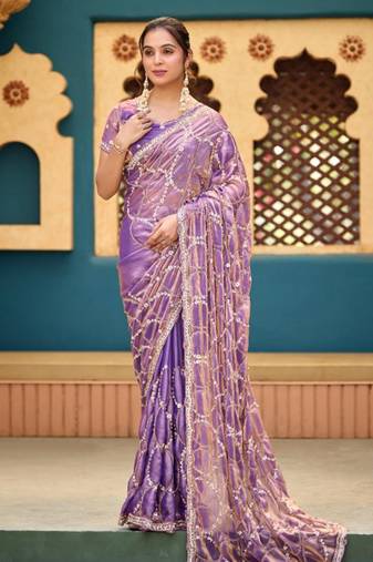 Traditional purple sequin cutdana jaal embroidery satin saree with unstitched blouse