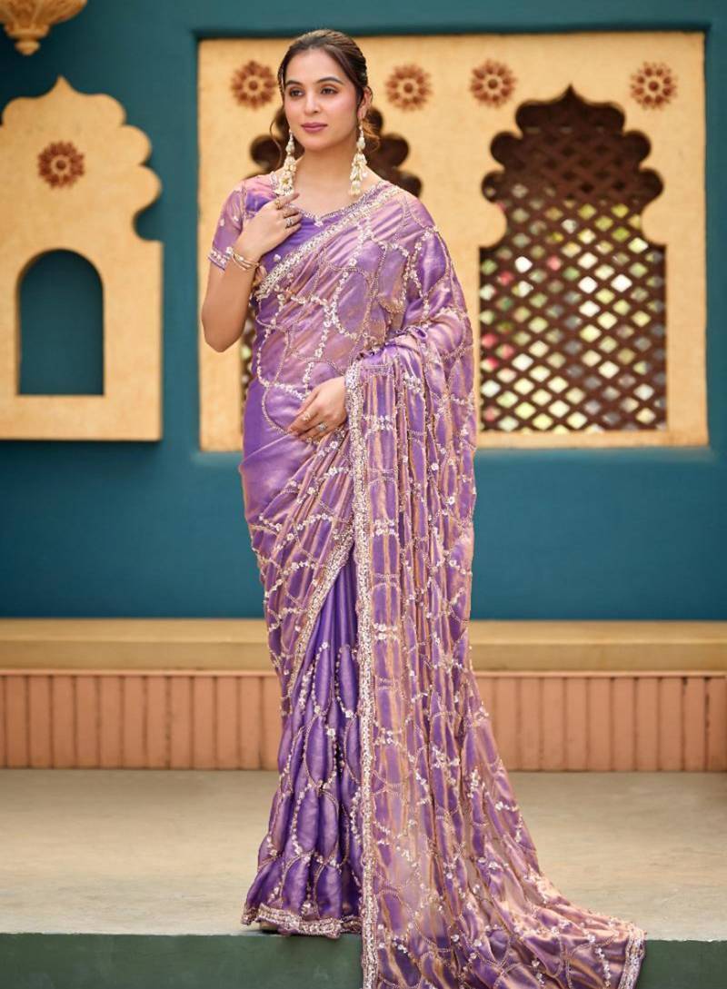 Traditional purple sequin cutdana jaal embroidery satin saree with unstitched blouse