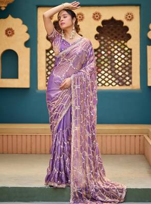 Traditional purple sequin cutdana jaal embroidery satin saree with unstitched blouse 2