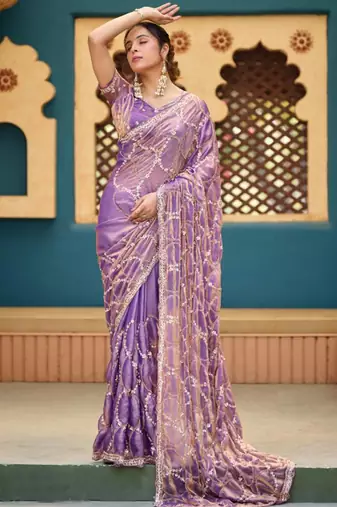 Traditional purple sequin cutdana jaal embroidery satin saree with unstitched blouse
