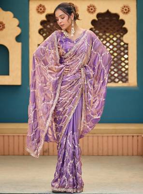 Traditional purple sequin cutdana jaal embroidery satin saree with unstitched blouse 3