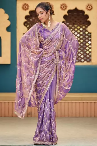 Traditional purple sequin cutdana jaal embroidery satin saree with unstitched blouse