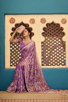 Traditional purple sequin cutdana jaal embroidery satin saree with unstitched blouse 4