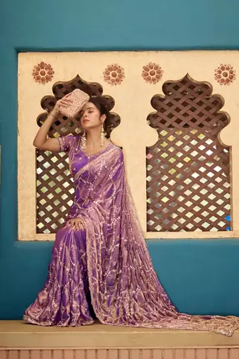 Traditional purple sequin cutdana jaal embroidery satin saree with unstitched blouse