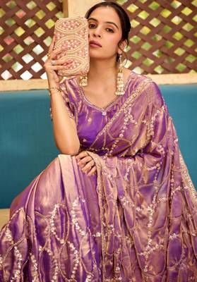 Traditional purple sequin cutdana jaal embroidery satin saree with unstitched blouse 5