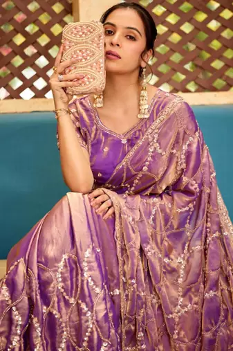 Traditional purple sequin cutdana jaal embroidery satin saree with unstitched blouse
