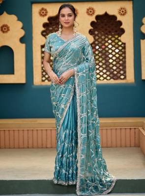 Indian teal blue sequin cutdana jaal embroidery satin saree with unstitched blouse 1