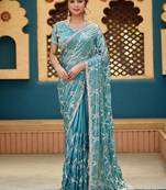 Indian teal blue sequin cutdana jaal embroidery satin saree with unstitched blouse