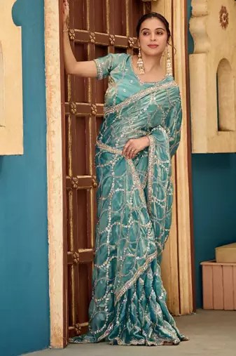Indian teal blue sequin cutdana jaal embroidery satin saree with unstitched blouse
