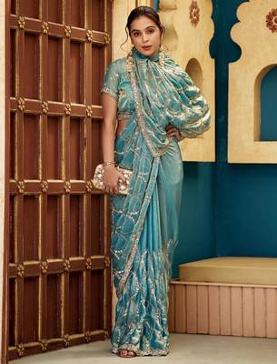 Indian teal blue sequin cutdana jaal embroidery satin saree with unstitched blouse 4