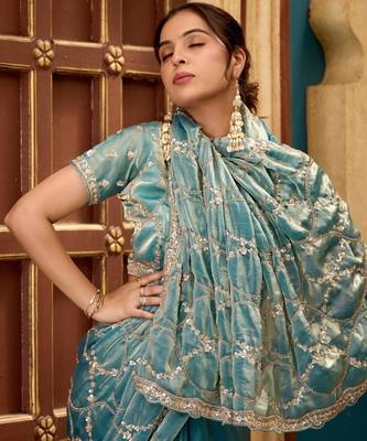 Indian teal blue sequin cutdana jaal embroidery satin saree with unstitched blouse 5
